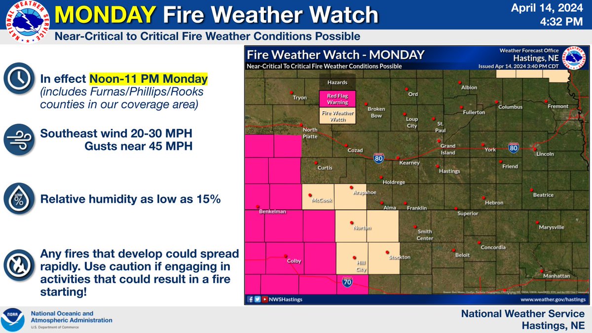 These graphics hit the highlights of our severe thunderstorm/fire weather/strong wind concerns for MONDAY-MON NIGHT, although some concern extends into Tues daytime as well. For our FULL PDF BRIEFING please visit: weather.gov/media/gid/DssP… #NEwx #KSwx