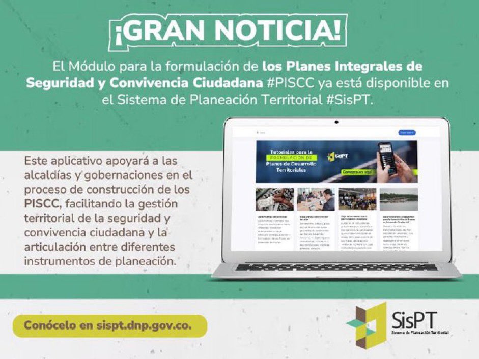 DNP_Colombia's tweet photo. 🚨🤓Ya puedes consultar en el Sistema de Planeación Territorial #SisPT el módulo para la formulación de los Planes Integrales de Seguridad y Convivencia Ciudadana #PISCC.
Ingresa aquí: 👉🏽 https://t.co/dbAyrNy8Tm https://t.co/nOQPipniO1