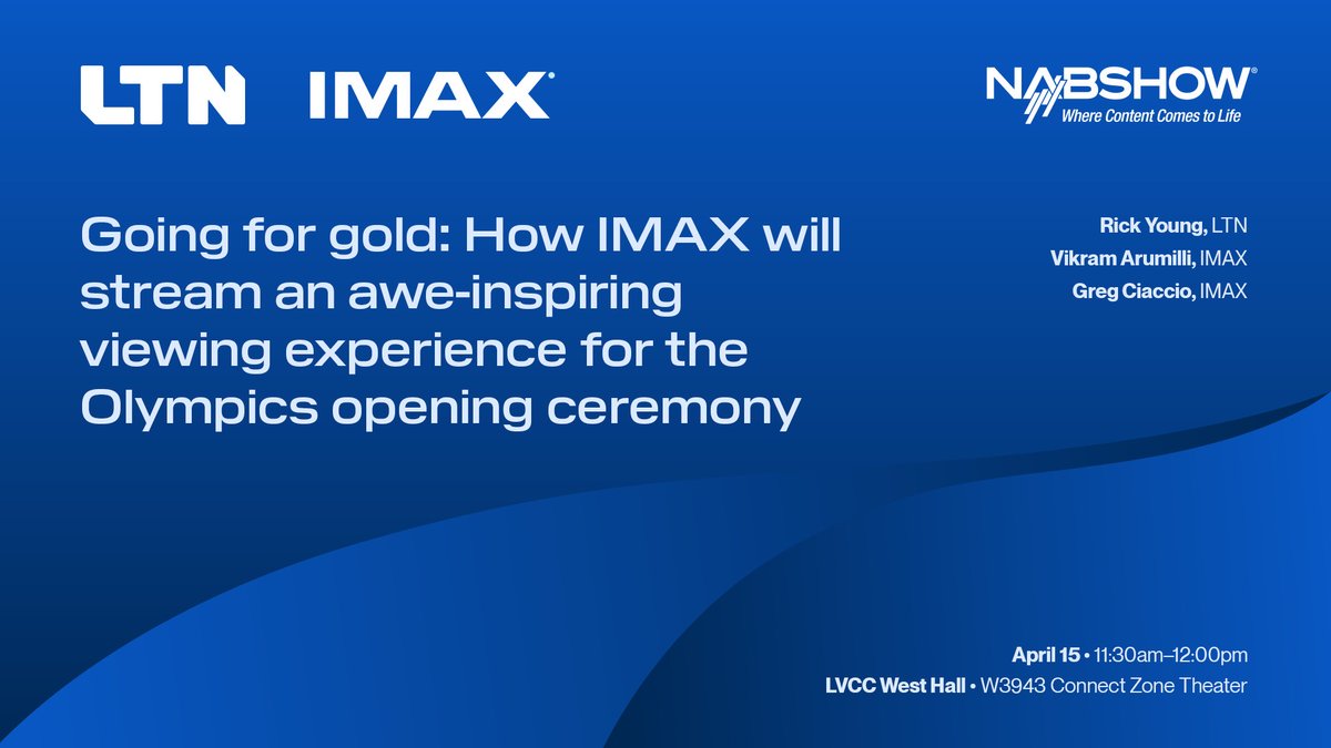 Tomorrow @NABShow, @IMAX's Vikram Arumilli & Greg Ciaccio & LTN's Rick Young on how their tech partnership will be pivotal in delivering the Olympic opening ceremony. Attend @ 11:30 am PT from the Connect Zone Theater. bit.ly/3QiGtuT #LTN