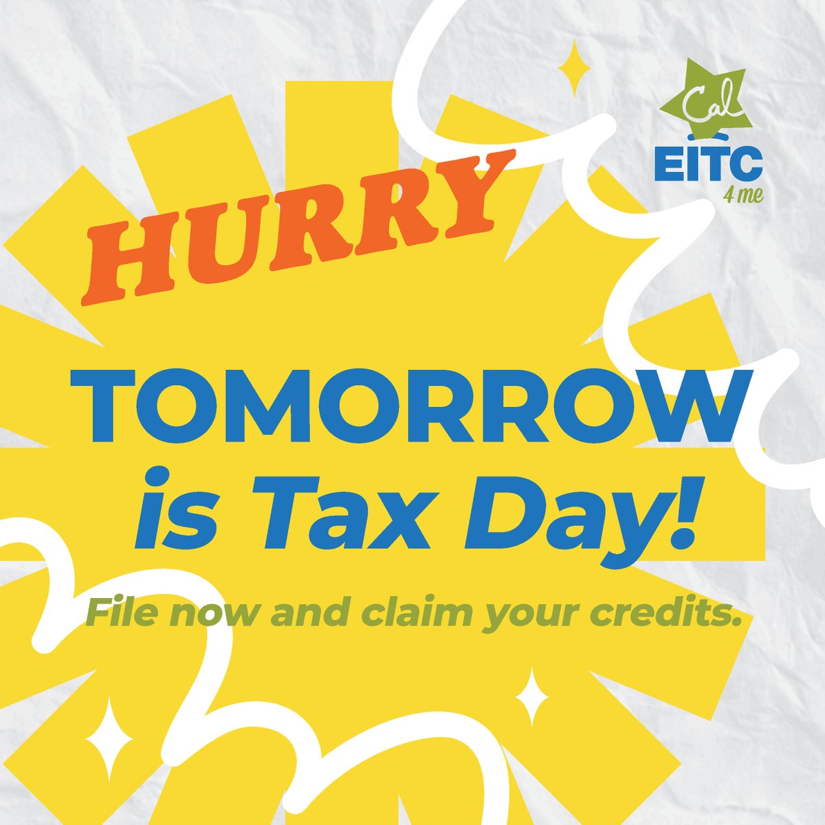 Tomorrow is the 2024 tax deadline! Learn more about what credits you can claim at caleitc.org. There's still time to file!