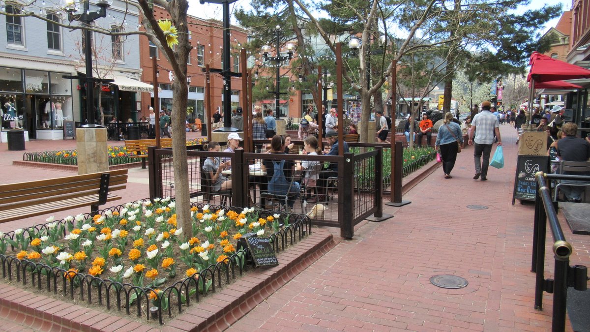 Pedestrians streets bring life to cities. Places where everyone belongs. Cities were mostly places to work, more and more they are becoming places to live & play. Fun. Small & large cities should aim to be more equitable (big problem in Boulder), sustainable, playful.