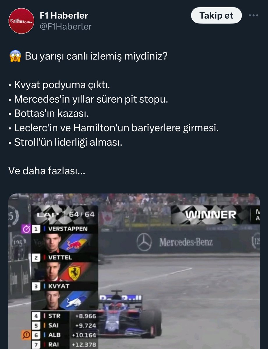 stroll’ün liderliği alması ve bottas’ın 10 km hızla bariyerleri öpmesi, vettel’in son sıradan 18 sıra kazanarak 2. olmasından daha değerliymiş sanırım ki bu kadar olay içerisinde belirtilmemiş hadi gel benim yerimde ol da küfür etme sonra ekrem şöyle ekrem böyle sktrin gidin amk