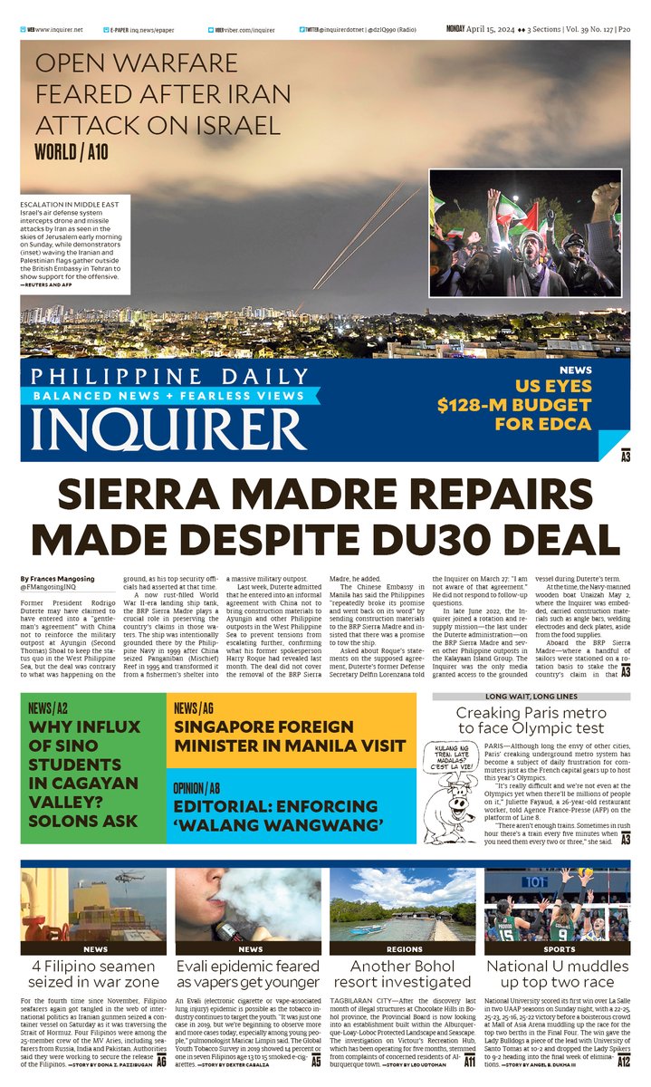 inquirerdotnet's tweet photo. Today's Inquirer front page (April 15, 2024).

More at https://t.co/LDqM49guxQ 📰#INQFrontPage https://t.co/8MhRqJn5V5