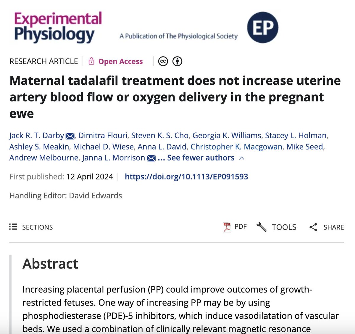 #NewPaper supported by NIF @sahmriAU: Maternal tadalafil treatment does not increase uterine artery blood flow or oxygen delivery in the pregnant ewe doi.org/10.1113/EP0915… @ProfessorJanna @JackRTDarby @asmeakin @WieseMD @PrenatalTherapy @cmacgowan @UniversitySA