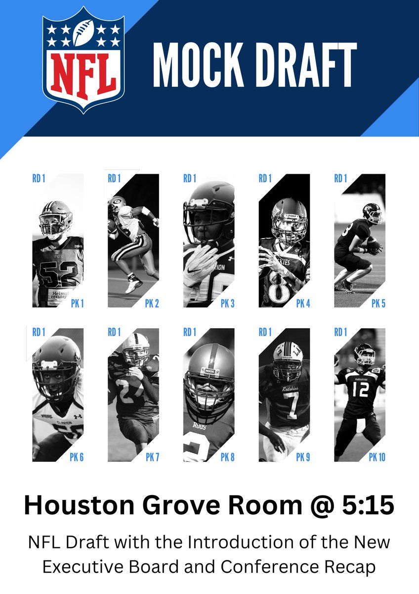 Join us tomorrow at 5:15 at the Houston Grove Room for a Mock NFL Draft, conference recap, and introduction of the new executive board! See you there!