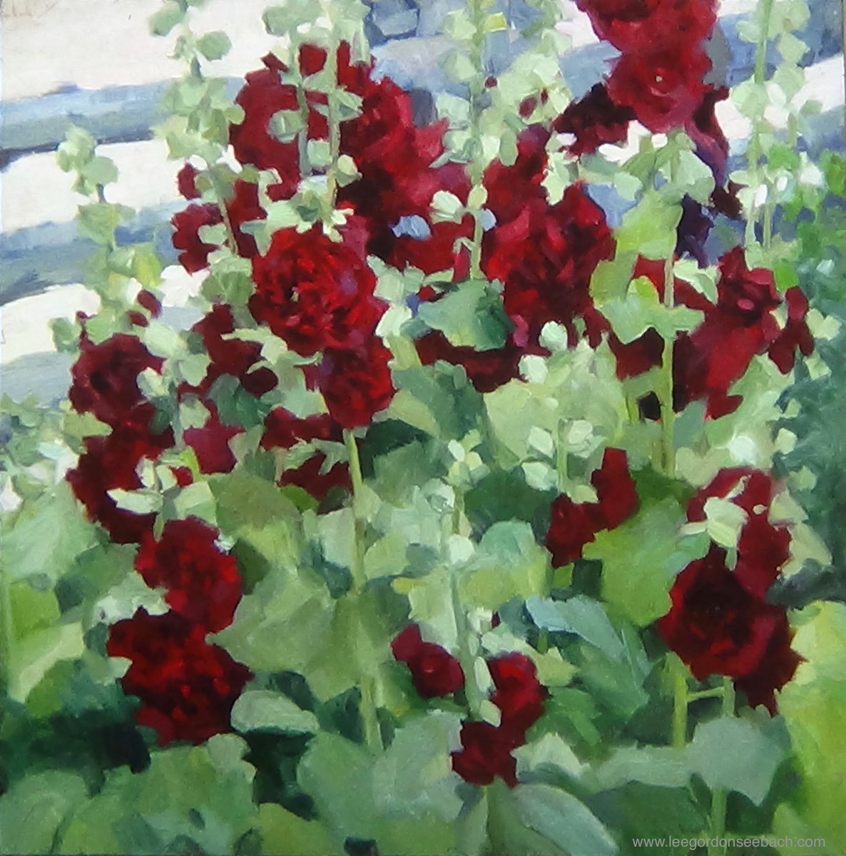 'Burgundy Hollyhocks' oil on linen 24'x24' Painted en plein air in a Taos garden.  (private art collection, Taos)  #art #oilpainting #paintings #painting #garden #artists #artistsontwitter #enpleinair #ArtistOnTwitter #Arizona #100daysofpainting #painterlypainter