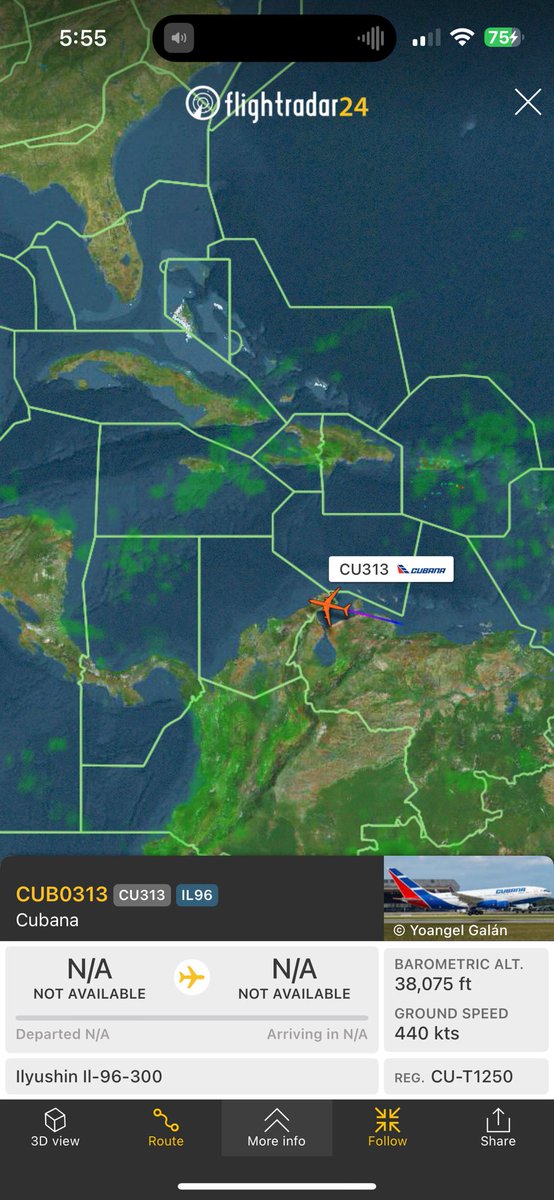 CU-T1250 IL96 
Cubana de aviación 
Reanuda los vuelos ✈️ esta nave luego de largo tiempo en reparaciones. 
Llevando personeros del régimen para mantener el dominio de la colonia petrolera. 
#medicosesclavos, agentes #G2 #DGCIM 
#cuavion #14Abr