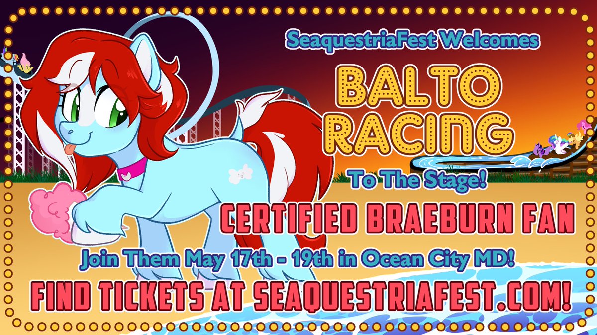 Seaquestriafest's tweet image. ✨ YA BETTER HIDE YOUR BRAEBURNS ✨

As today's Guest is the biggest Braeburn Fan @BaltoRacing
Balto has been a long time member of the fandom and is known as the DC Bronies Lead Organizer and for being a pro Buckball Player!

🎨 @Slushhorse (Character Art) &amp;amp; @Gobiraptor (BG)