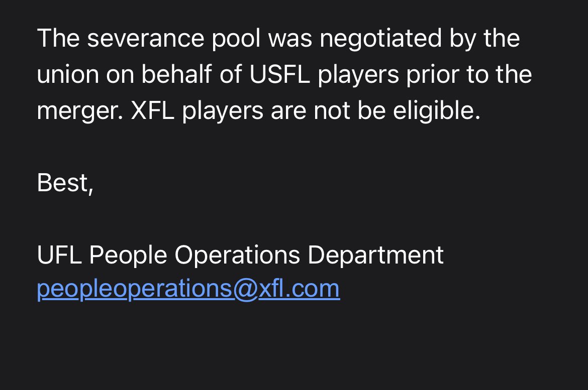 If any former XFL players from eliminated teams were curious about the USFL severance…