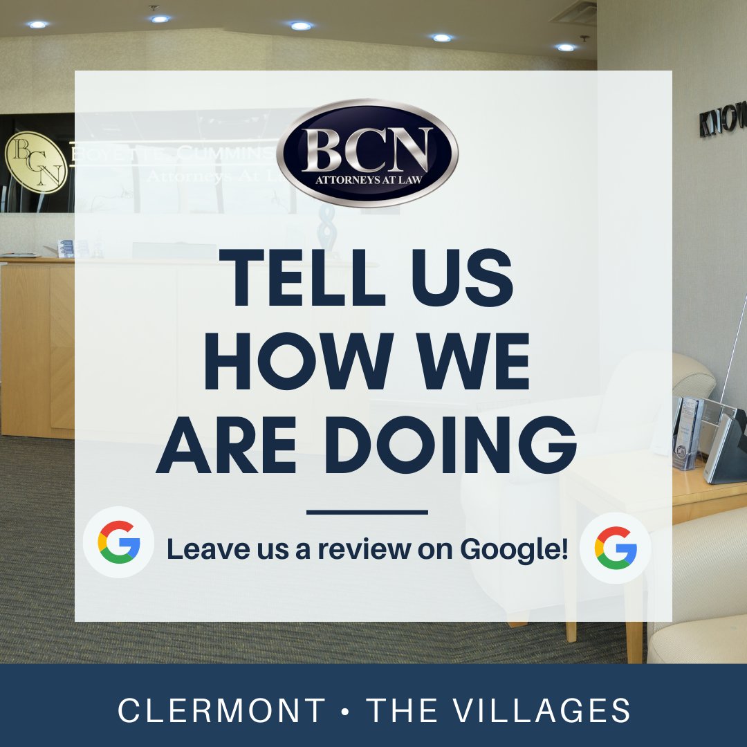 We love being able to help our clients! 🏆 Have you recently had a great experience with us? Please leave us a review on Google. 🌟

📍Clermont: bit.ly/3VZ4MyL  
📍The Villages: bit.ly/3j2dUE2    

#bcnlawfirm #personalinjurylawyer #criminalattorney
