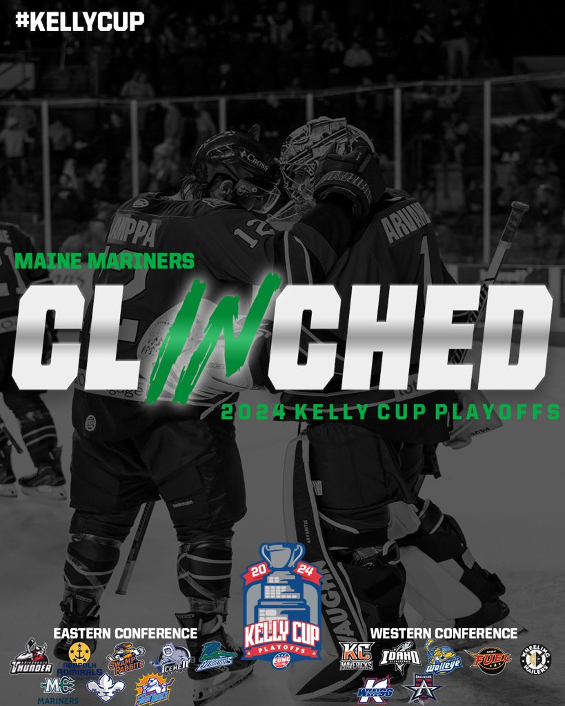 ECHL's tweet image. The @MarinersOfMaine have officially secured their spot in the 2024 #KellyCup Playoffs!!!! 🏆🙌🏼