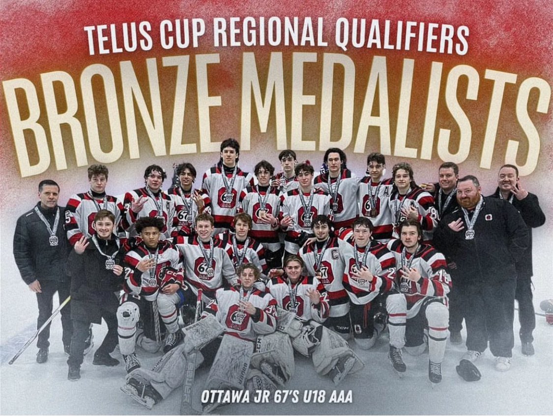 heoaaaleague's tweet photo. Congratulations to U18 @Jr67sAAAHockey  on their Bronze Medal result at the U18 AAA Telus Cup Regional qualifier as the @HEOhockey representative. https://t.co/QCQUCDJST0