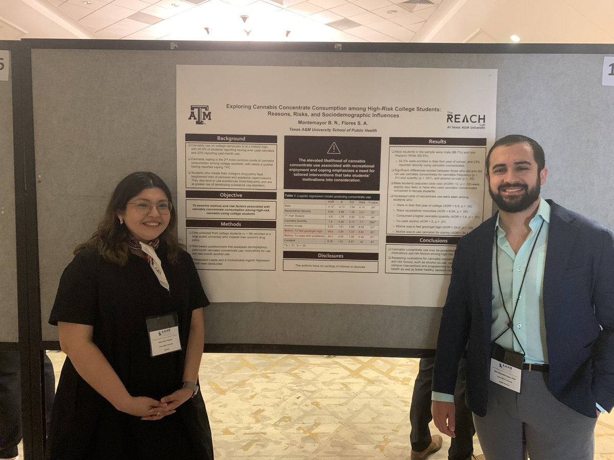 Come to Poster 137 at #AAHB #AAHB2024 <a href="/AAHB_org/">AAHB</a>. <a href="/TAMU_SPH/">Texas A&M Public Health</a> Dr Montemayor and PhD student Sara presenting on the REACH Lab’s research on factors of college students using cannabis concentrates
