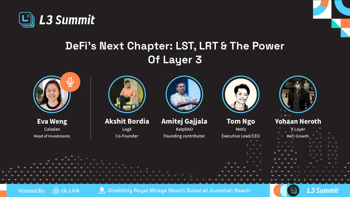 ✨Curious about what's next for DeFi? Is it LST, LRT or Layer3? We cannot wait for this panel at 14:05 - 14:50 with @AkshitBordia - @LogX_trade, @GAmitej - @KelpDAO, @tomngodefi - @MetisL2, @YJN58 - @XLayerOfficial! Moderated by Eva Weng @caladanxyz. 🔥lu.ma/L3Summit-Dubai