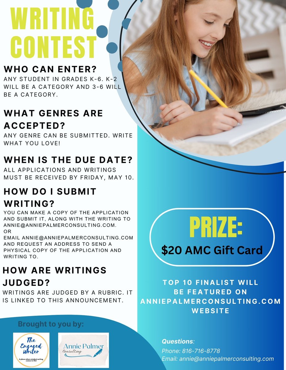 Looking for a fun way to end the school year? Check out this writing contest for K-6 students. They can write something new or submit a piece from earlier in the year! Deadline is May 10! 

Application and rubric: docs.google.com/document/d/1yf…

#moedchat #elachat #engchat #educoach