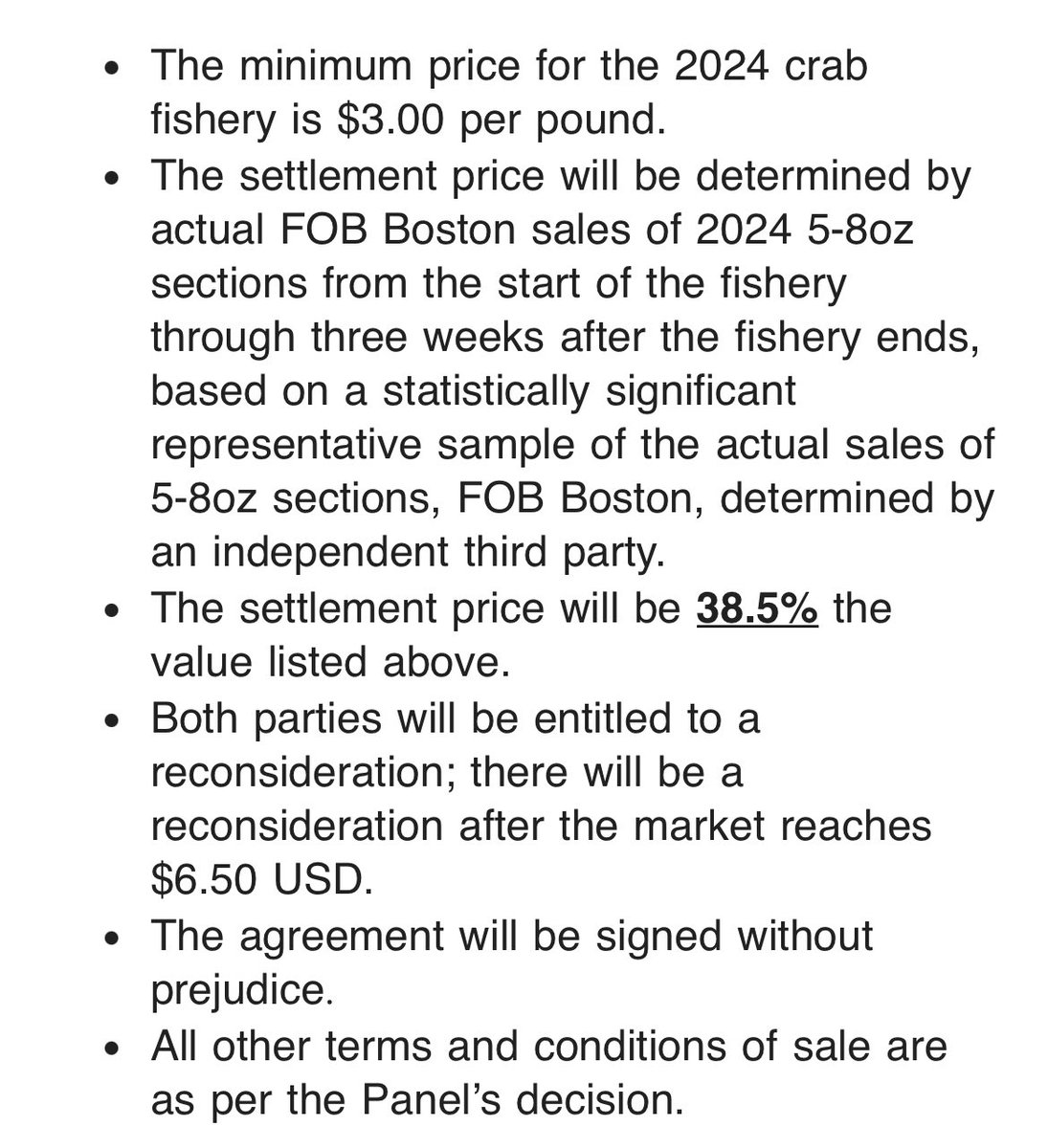 The FFAW union has called off the demonstration for tomorrow. They have a deal with processors for the crab season to start The starting price will be $3 a pound (up from $2.60 under the original formula) #nlpoli