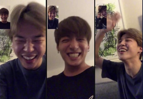 This is Jungkook and Jimin facetiming while in the same room. Silly boys that they are.