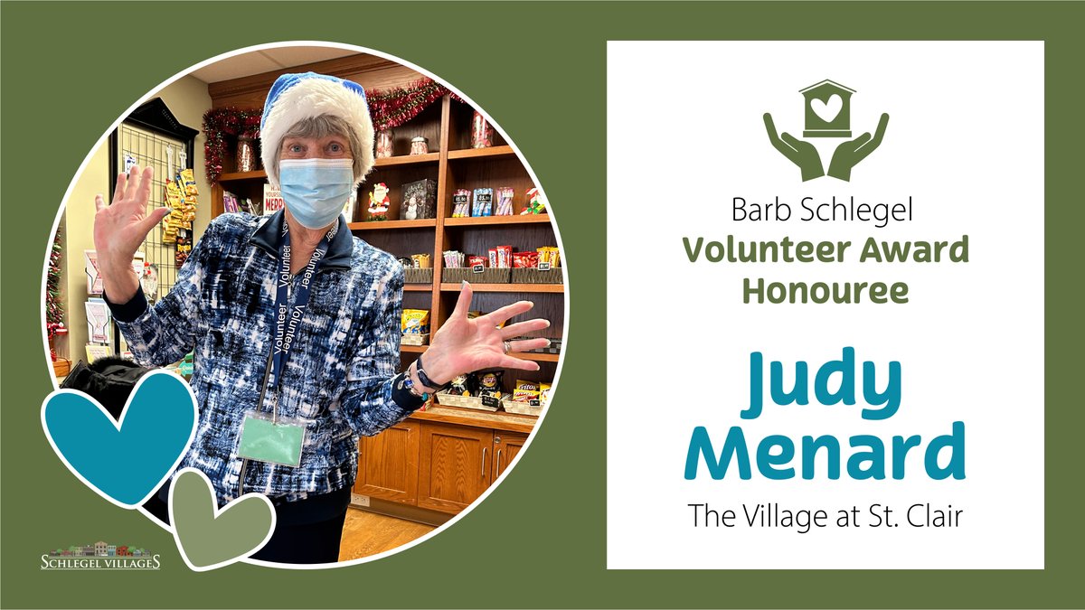 Celebrating Judy 'Blue' Menard for her uplifting presence and volunteer dedication at The Village at St. Clair long-term care in Windsor! Her warmth makes our community stronger. 💙 More honourees: schlegelvillages.com/volunteer/awar… #Volunteer #VillageLife #NVW2024