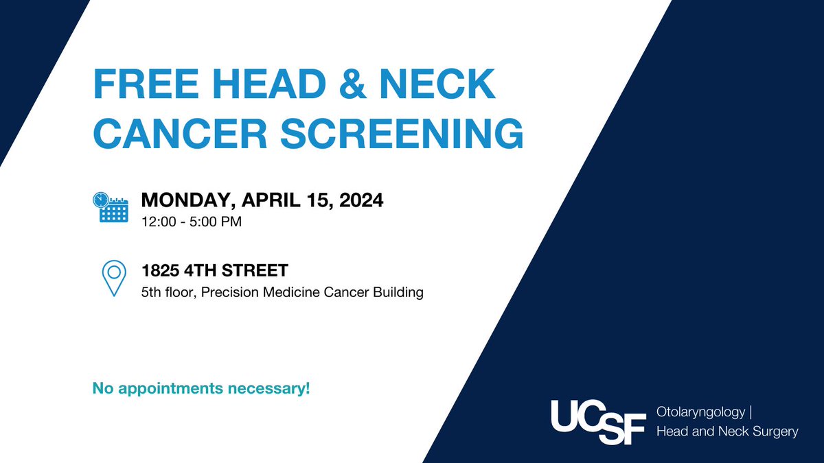 REMINDER ➡️ Join @UCSF_OHNS & @UCSFCancer tomorrow for a FREE #HeadAndNeckCancer screening! Drop by anytime between noon & 5 pm. No appointment necessary.