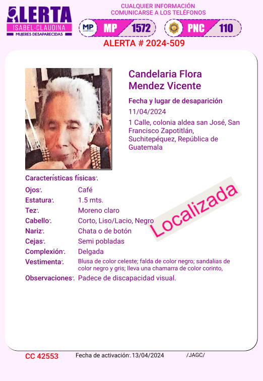#AlertaIsabelClaudina 📣 Localizada❗ Candelaria Flora Mendez Vicente Ha sido localizada 📌 Agradecemos haber compartido la información 👌🏼