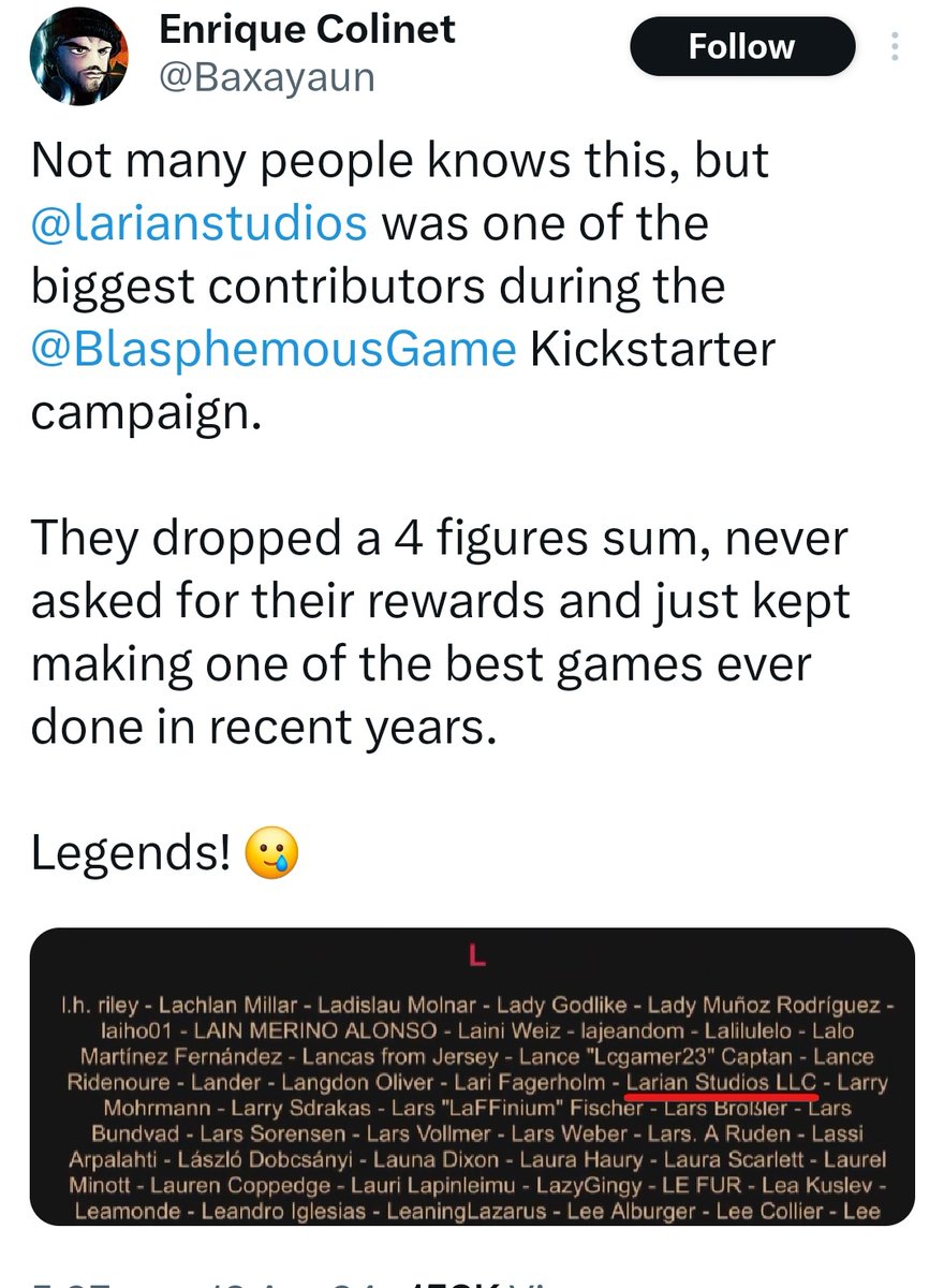 Developer of Blasphemous reveals Larian Studios was one of the game's Biggest backers on Kickstarter quietly backed the game on Kickstarter for $1000, never asked for anything in return.