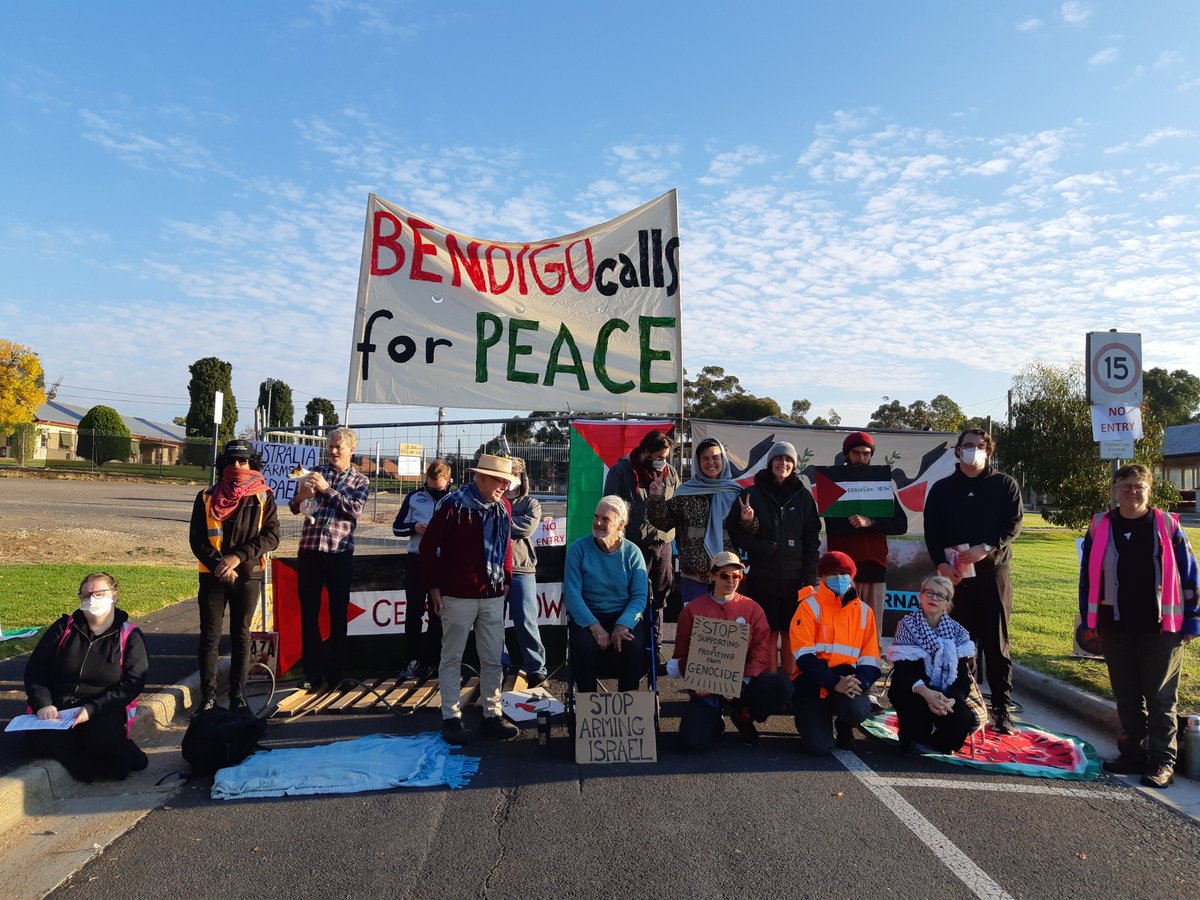 Thales weapons factory shut down on Dja Dja Wurrung Country Bendigo Australia. Free Palestine. Global day of action #A15.