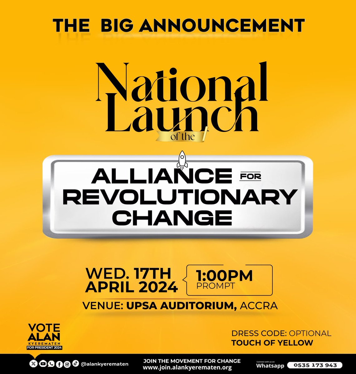 The moment we’ve all been waiting for, the launching ALLIANCE FOR REVOLUTIONARY CHANGE. 
#GhanaWillRiseAgain 
#Allianceforrevolutionarychange

Today de3/world war III/#daterush/Dr. UN