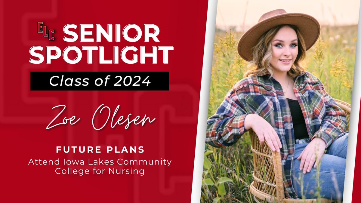 🎓 Senior Spotlight: Zoe Olesen 🎓 Zoe will be attending Iowa Lakes Community College. 'I would like to thank Mrs. Brechwald, Mrs. Enderson, Mr. De Moss & Mrs. Leal for their support throughout high school & for making a great impact on my life,' shared Zoe. 🎉 Congratulations!