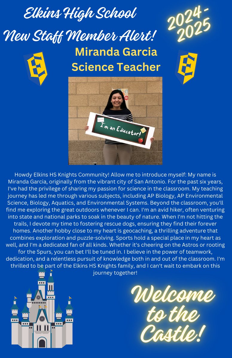 We have another excellent educator joining our Science Team in August. Please help us welcome Ms. Miranda Garcia to the Noble Knight Community! 💙🏰💛 #KnightLife