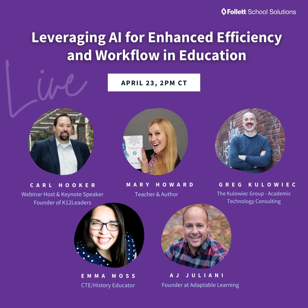 Are you seeking to revolutionize your teaching methods, administrative tasks, and student engagement strategies? Learn how to leverage #AI to do just that from our expert panelists featuring @TweetMrsMoss, @gregkulowiec and more, led by @mrhooker. bit.ly/43Oveje