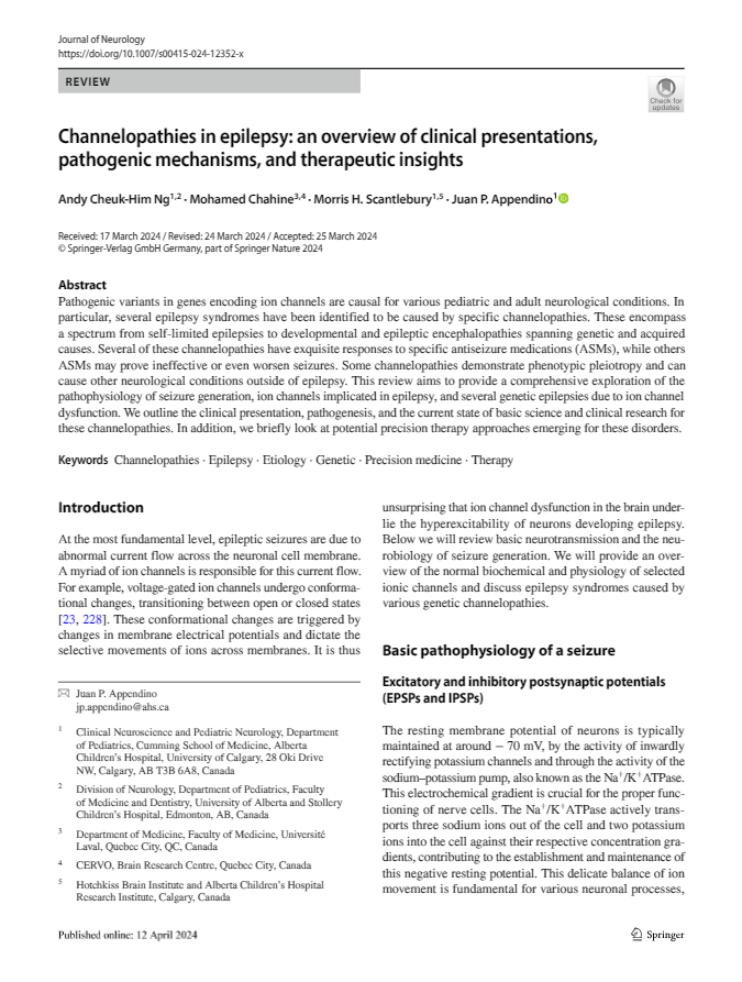 I am happy to share our most recent work on Channelopathies in Epilepsy. An amazing review led by Dr Andy Cheuk Him Ng... rdcu.be/dEClo