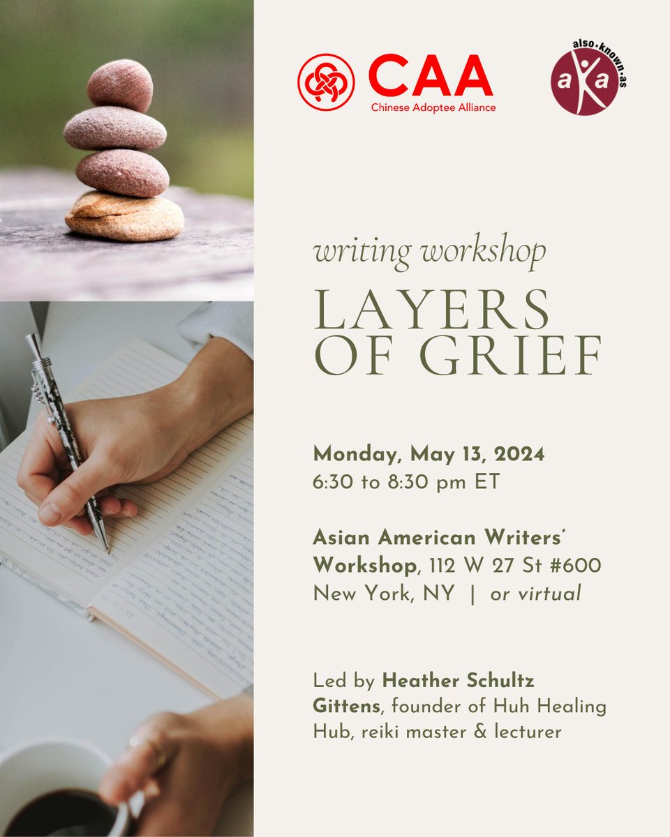 Also coming up: Layers of Grief Adoptee Writing Workshop, in partnership with Chinese Adoptee Alliance &amp; facilitated by Heather Schultz Gittens 

✍️ Monday, May 13; 6:30 pm ET
✍️ Join in person at <a href="/aaww/">aaww-nyc.bsky.social</a> or log on virtually 
✍️ RSVP (adoptees only, please): forms.gle/7QDnV1jkwiWLNL…