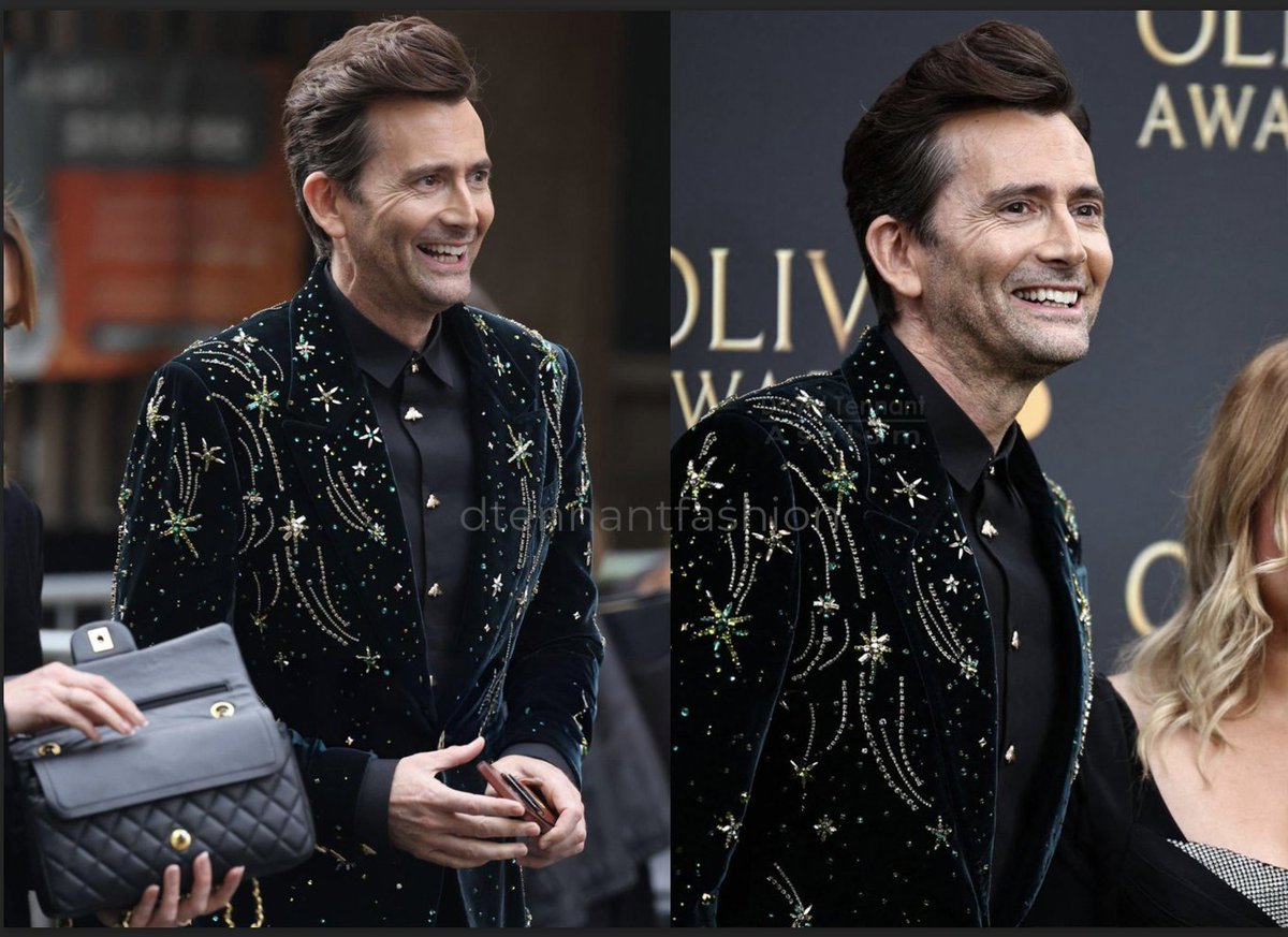 David (is probably) wearing a Mithridate Celestial Velvet Embroidered Suit at the 2024 #OlivierAwards (based on the stars matching his Evening Standard Awards pin but is subject to change) with Louboutin Chambeliss Night Strass Shoes ($1295)