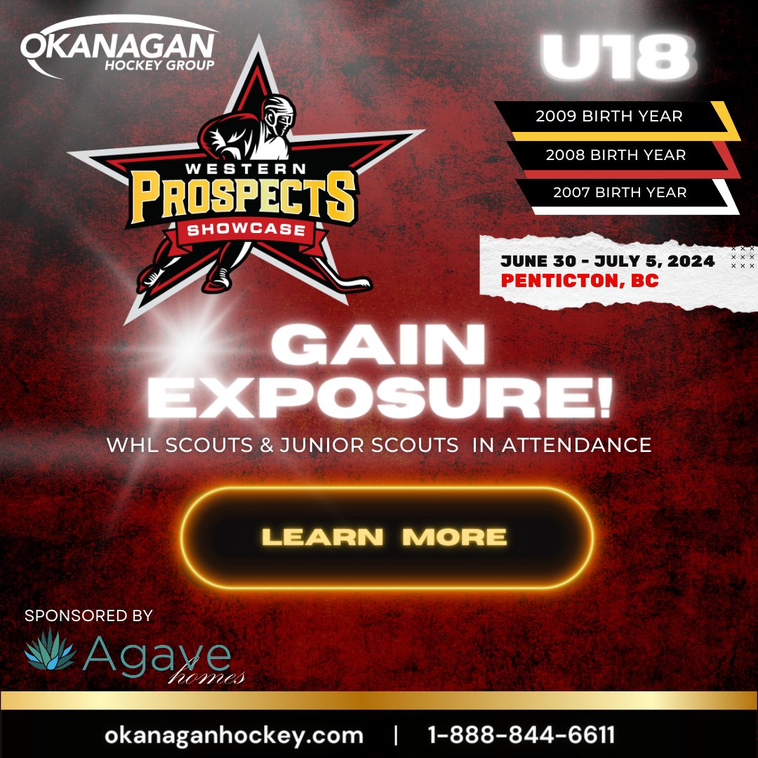 🏒Join the U18 Western Prospects Showcase, a week-long pre-season event in Penticton, BC, from June 30 - July 5, 2024. Open to U18 (2007-2009) AA/AAA level players and equivalents🏒 #OkanaganHockey Full details and registration ➡️ bit.ly/3S6SQfe