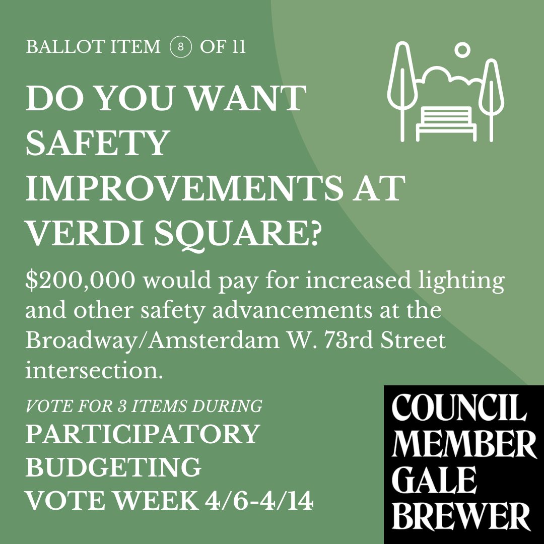 Verdi Square sits on a traffic island at W. 73rd Street's Broadway/Amsterdam intersection. If safety improvements interest you, make sure to cast your vote today!! pbnyc.org/vote