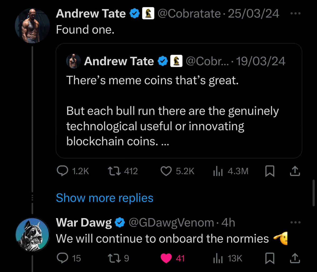 If yall love money -
Don’t fade the war dawg $G 
<a href="/Cobratate/">Andrew Tate</a> @GDawgVenom <a href="/ReachTWR/">THE WAR ROOM</a>