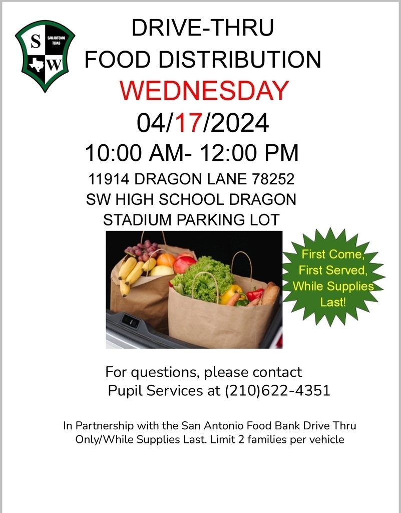 Due to forecasted weather, we have changed the date of our monthly food drive from April 18th to Wednesday, April 17th. Thank you!