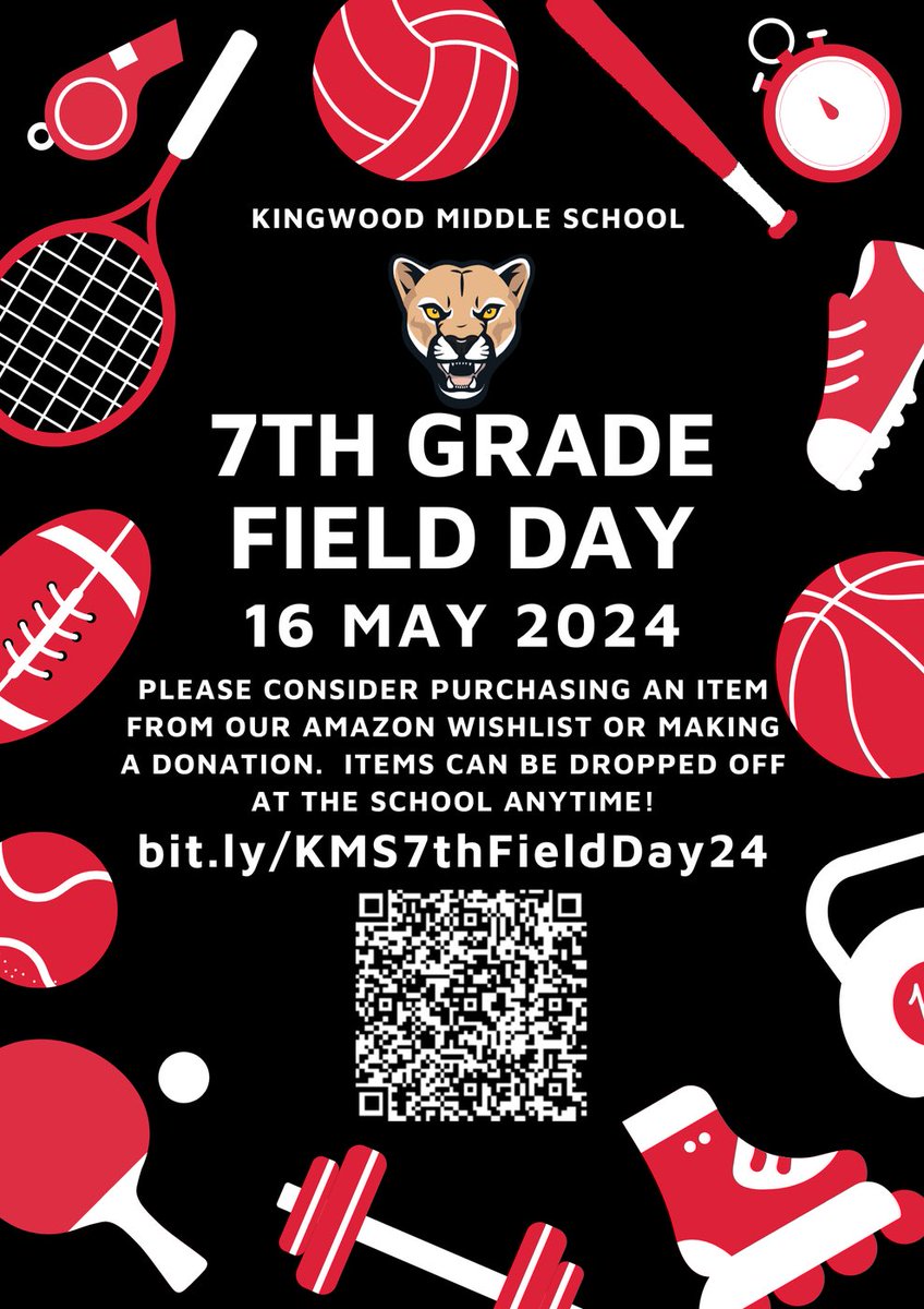 Attention 7th graders! The 7th grade Field Day will be held on May 16, 2024. Please consider purchasing an item from our Amazon Wishlist. bit.ly/KMS7thFieldDay… #KMSCougarPride🐾
