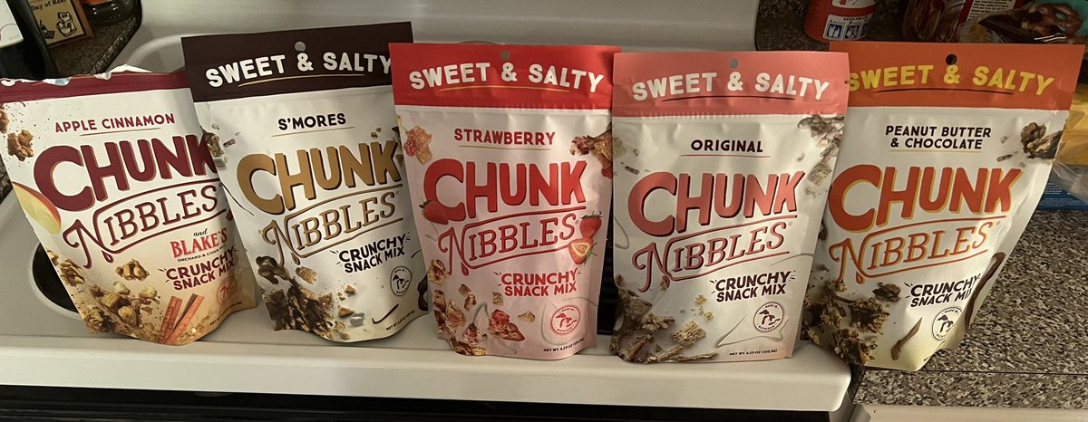 xSwiftieKimmy's tweet photo. My new favorite snack! Chunk Nibbles! They are so good! Each one is slightly different but they are made usually of cereal corn squares, pretzels, peanuts and a couple other ingredients melted together in little bite size pieces. First time trying the Strawberry and Apple Cinnamon, but I love the Peanut Butter & Chocolate, S’mores and Original. Every purchase, a percentage of the amount goes to a company that rescues dogs from high kill shelters to train them to be service dogs for veterans. 
@ChunkNibbles