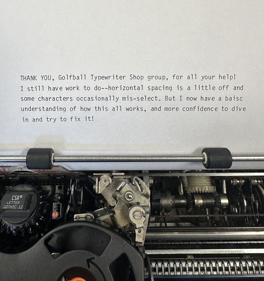 ThrillScience's tweet photo. The folks in the "Golfball Typewriter Shop" forum got me all set. I'm now typing away! (I don't have a correction tape installed, so you'll have to deal with my typos.)

I had to replace rotate and tilt bands -- took me  week of learning to learn how.

#Selectric #Typewriters https://t.co/WPLvDhDMW0