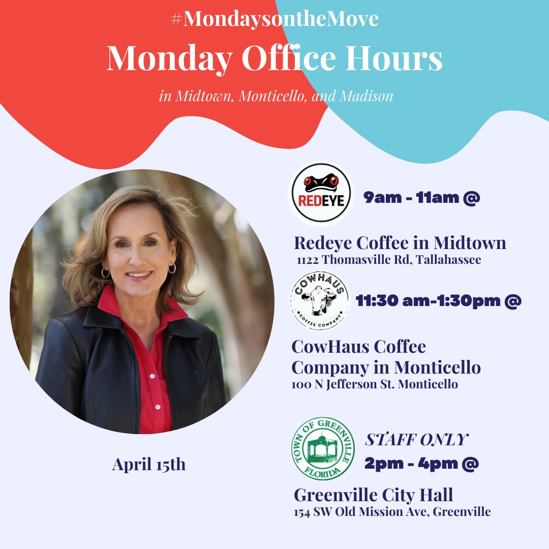 Start your week off right and stop by #MondaysontheMove! Unfortunately due to an unavoidable appearance for Rep Tant, she is unable to be in Greenville tomorrow but staff will be there and happy to assist with any consistent issues!