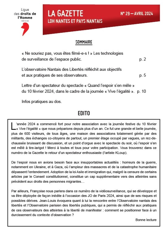 Le dernier numéro de notre Gazette est en ligne ! site.ldh-france.org/nantes/la-gaze…
Bonne lecture
 #videosurveillance #observateurs #libertés #violencesPolicières #egalite