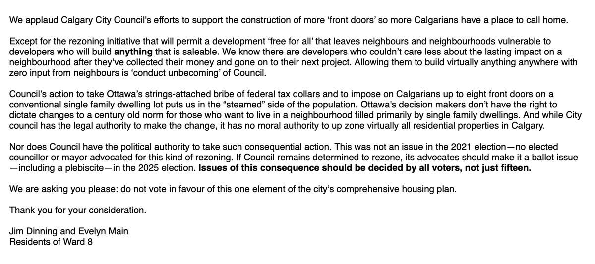 Former Member of the Legislative Assembly of Alberta, Jim Dinning & Evelyn Main challenge Calgary City Council's moral and political authority to approve blanket rezoning. #yyccc