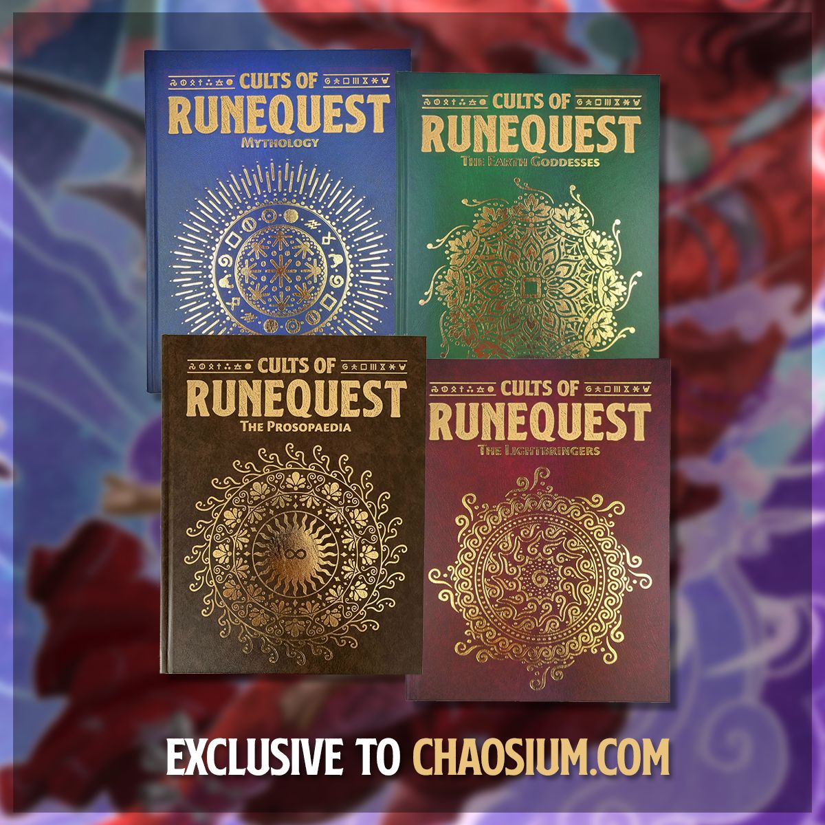 The Cults of RuneQuest books are all available in premium alternate-art leatherette covers! Fans of RuneQuest and collectors alike will need to get their hands on these—exclusive to chaosium.com! buff.ly/3xzbvIn