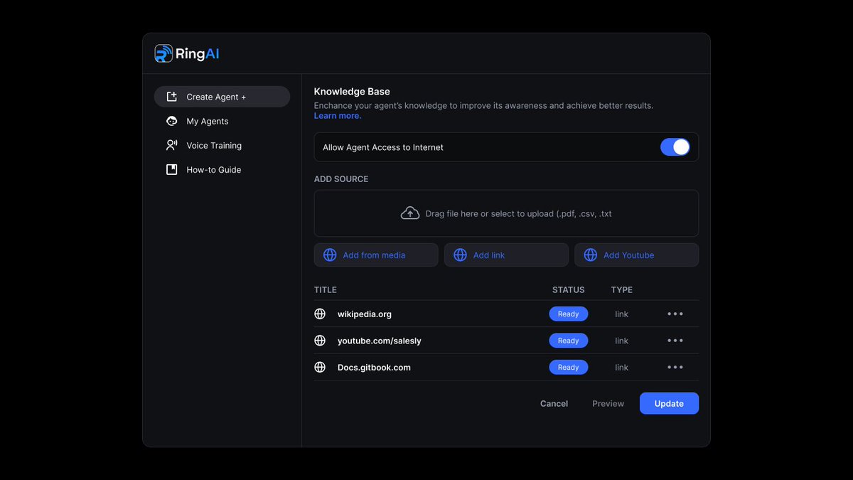 Take a quick look at our Knowledge-base training screen for the Ring platform! 💻 With $RING, any business can launch their own dedicated AI support and sales hotline! 📞 Currently under development and releasing in Q2 2024!
