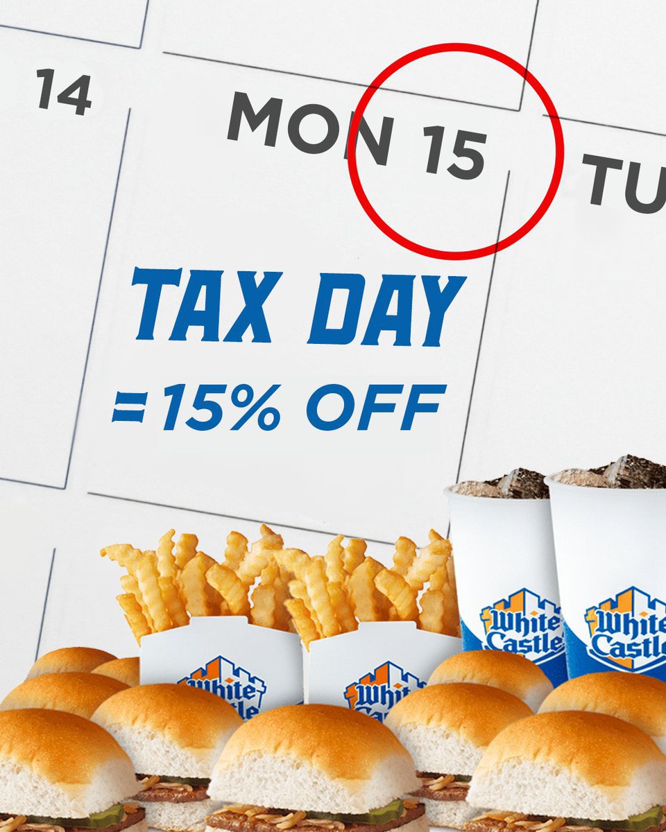 Who says Tax Day isn’t a reason to celebrate? Use code WC15OFF on April 15th to take 15% off any online or in-Castle order. #FollowYourCrave Get the coupon here: whitecastle.com/value-offers