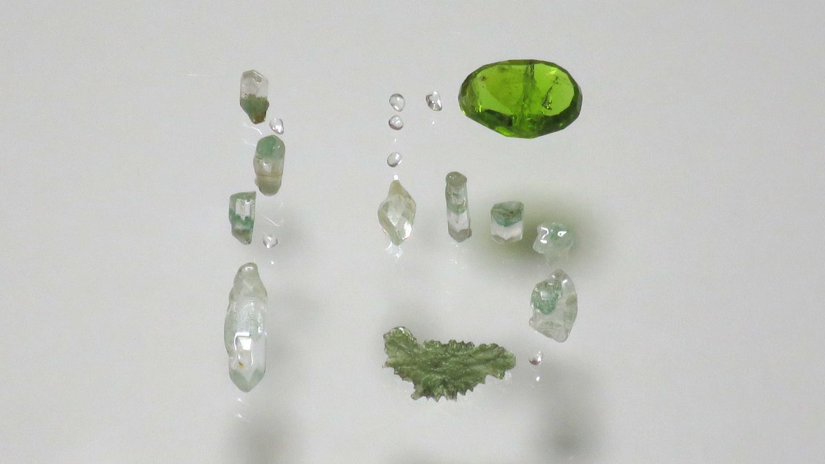 peridot, moldavite, chlorite in quartz, etc.