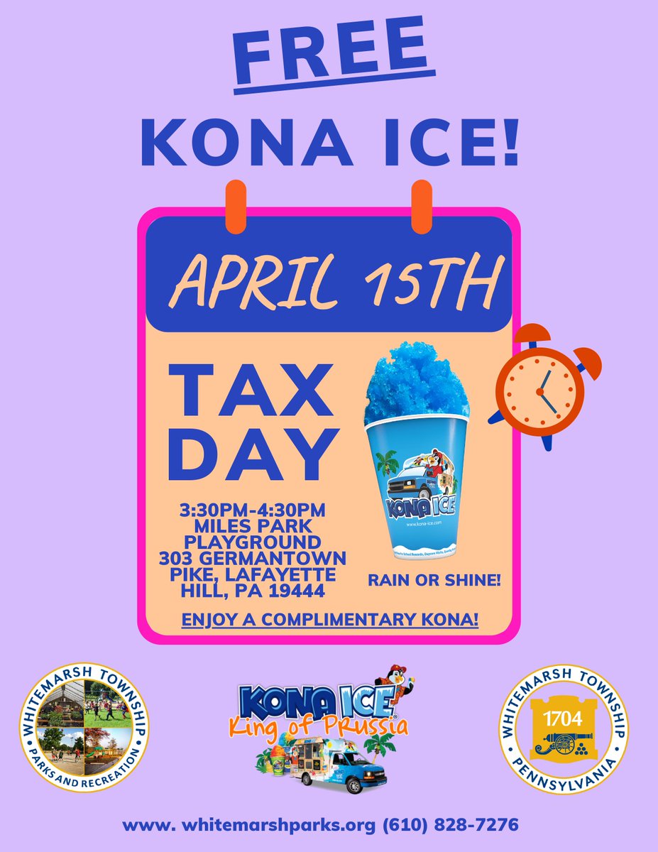 Celebrate Tax Day and great weather tomorrow ☀ with a free Kona Ice at Miles Park from 3:30 p.m. to 4:30 p.m.