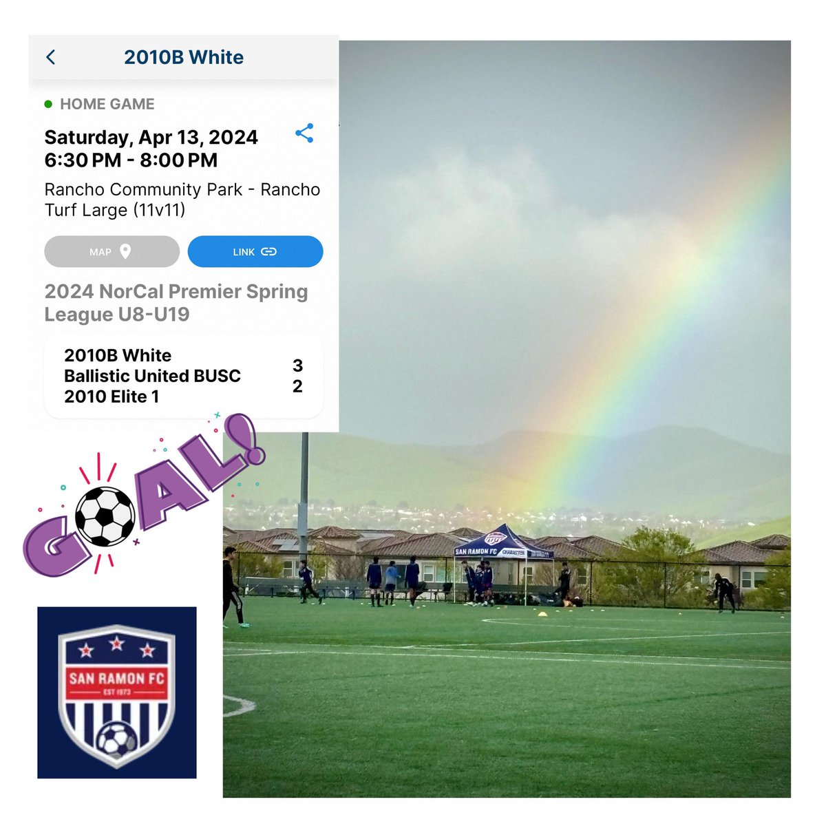 It’s Rainbow Season 🌈 The club cannot confirm if a pot of gold was found under the tent, but the 2010B White team had the golden touch on the pitch and earned a 3-2 win in league play yesterday. Thanks to Cathy W. for sending this terrific pic! #sanramonfc #soccer #rainbow