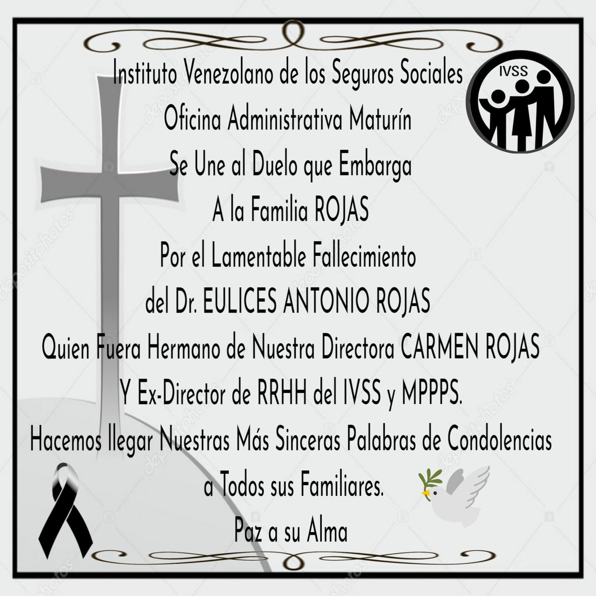 oamativss's tweet photo. #14Abril | La @oamativss Se une al Duelo que Embarga a La Familia Rojas por el Sensible fallecimiento del Dr. EULICES ROJAS quién en Vida fue el Querido Hermano de Nuestra Directora Carmen Rojas Y Ex-Director de RRHH del #IVSS y #MPPPS.
Paz a Su Alma 🙏🏼 https://t.co/8oFCZwBKDA